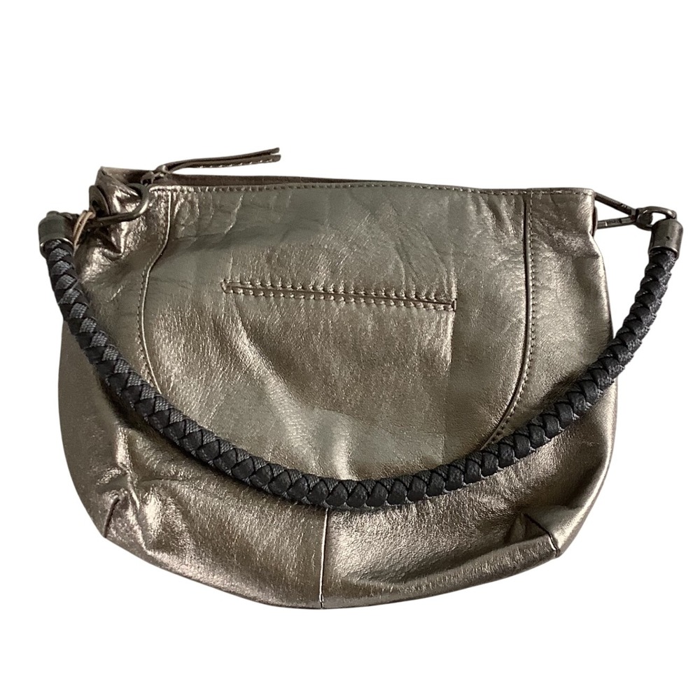 The Sak Metallic Pewter Leather Crossbody Bag Braided Strap Hobo Purse